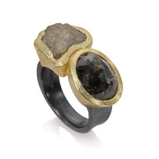 Todd Reed Ring with Fancy cut diamond (6.24ctw) and a rough diamond (5.87ctw) in 18k yellow gold and sterling silver.